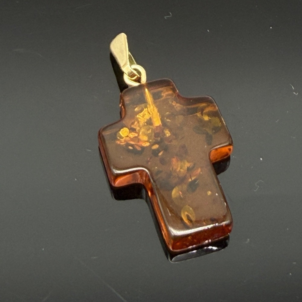Tested 14K Yellow Gold Baltic Amber Cross Pendant Religious Catholic Christian